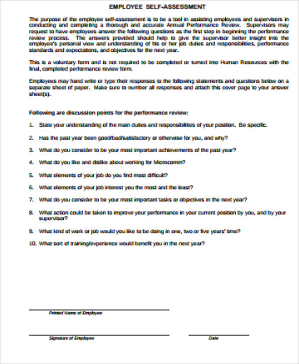 sample self assessment performance review answers